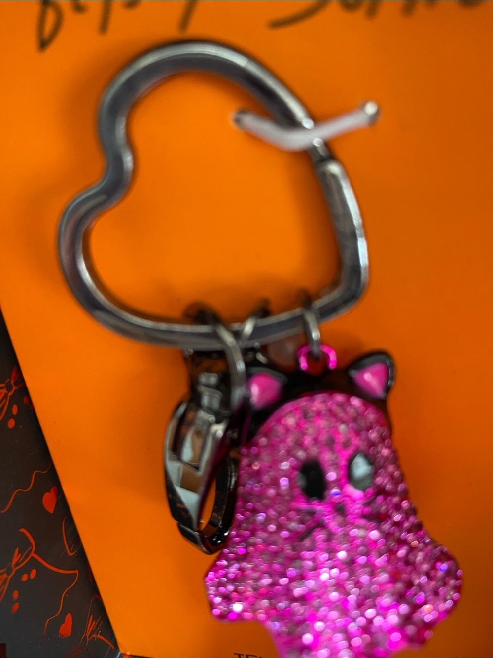 Betsey Johnson Hot Pink Crystal Ghost Cat NIB Keychain with Black Tassel - Picture 5 of 14